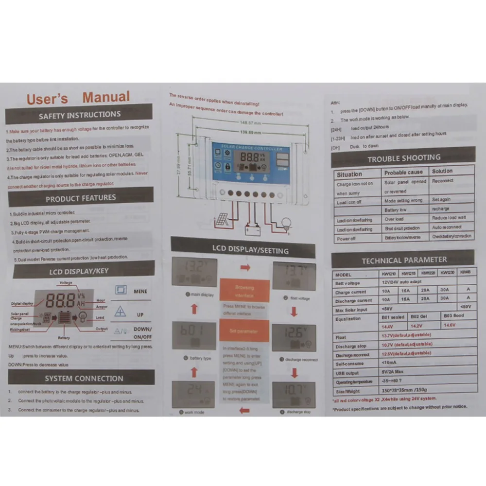 PWM 10/20/30A Dual USB Solar Panel Battery Regulator Charge Controller 12/24V LCD JAN07 Dropship