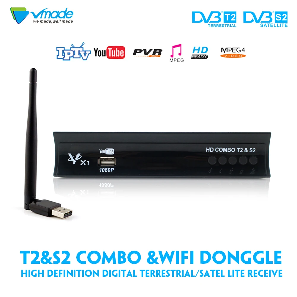 

Vmade HD 1080p DVB T2 ground and DVB S2 satellite Accept tuner Support BISS KEY,YouTube ,CCCAM,IPTV Dolby AC3+WIFI donggle