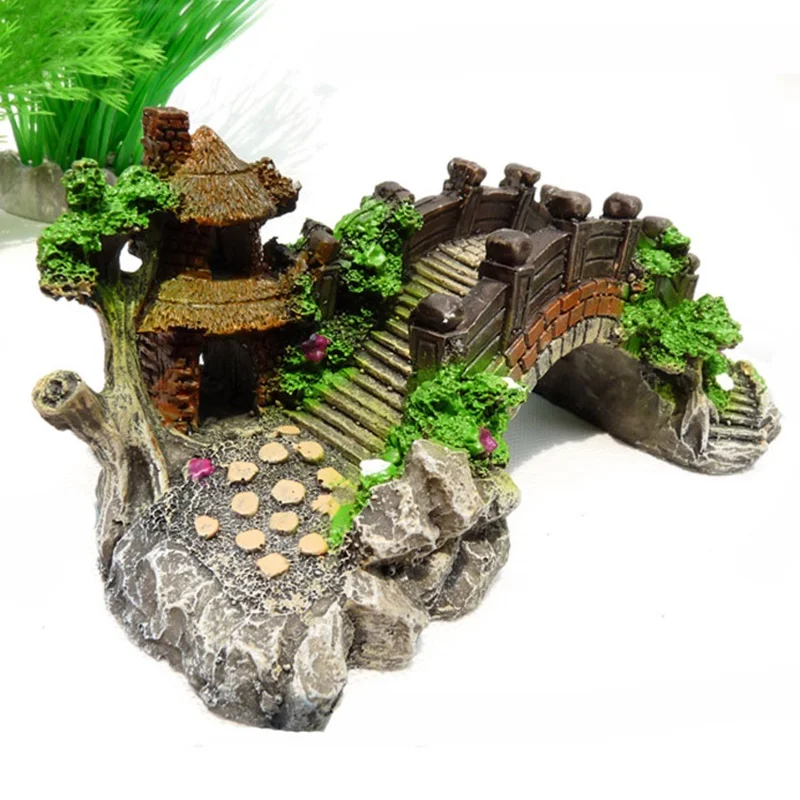 

Aquarium Bridge Rockery Fake Rock Bridge Landscape Pavilion Tree For Fish Tank Resin Ornament Decoration