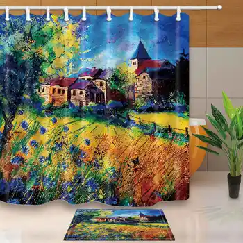 

Art Design Shower Curtains Village Vibrant Colors Painting Bathroom Curtains Polyester Fabric Waterproof Mildew Proof with Hooks