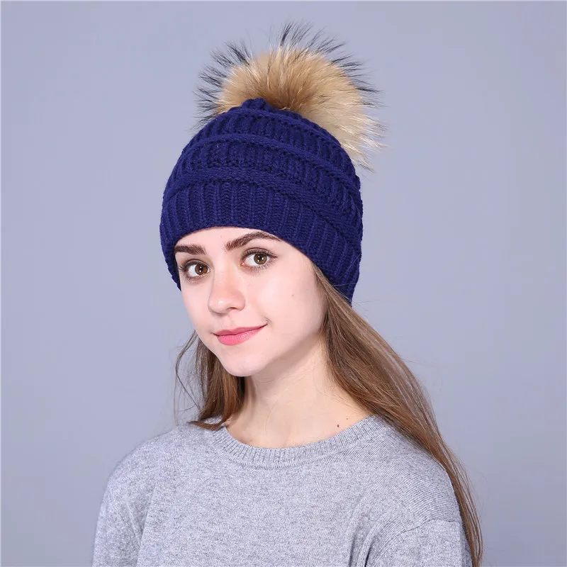 Xthree, натуральный Лисий мех, помпоны, помпоны, теплая зимняя женская шапка, вязаная шерстяная шапка для девочек, шапочки, шапка, толстая женская шапка - Цвет: dark blue