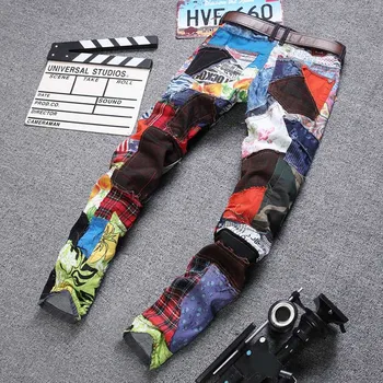 

New Men Patchwork Stitching Denim Trousers Slim Fit Casual Jeans for Spring TC21