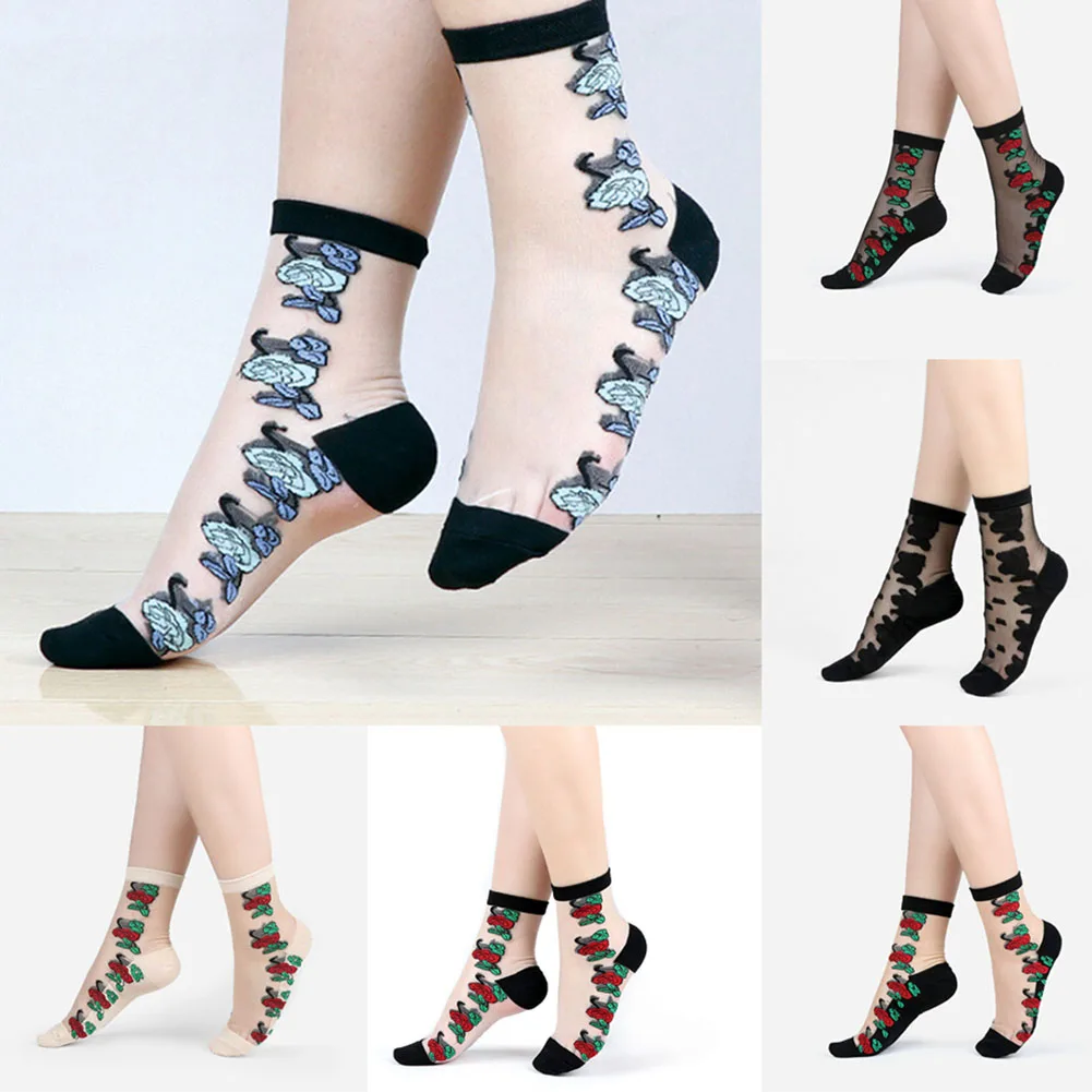 1 пара красивые для женщин кружево носки для девочек Кристалл Стекло шелк короткие тонкие прозрачные Розы Цветочные Носки