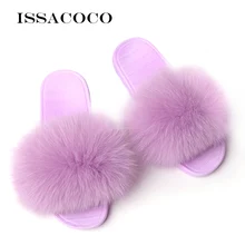 ISSACOCO Winter Women's Furry Slippers Indoor Fur Home Slippers Warm Fox Fur Shoes For Women Slides Flip Flops Fluffy Slippers warm cat winter shoes women home slippers comfort home shoes for women plus indoor shoes fur slippers