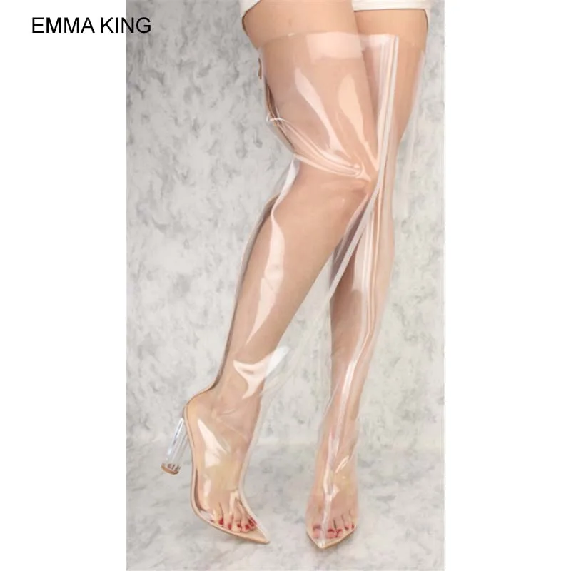 

EMMA KING Transparent PVC Pointed Toe Over the Knee Boots Women Square Heels Back Zipper Women Designer Shoes Autumn Booties