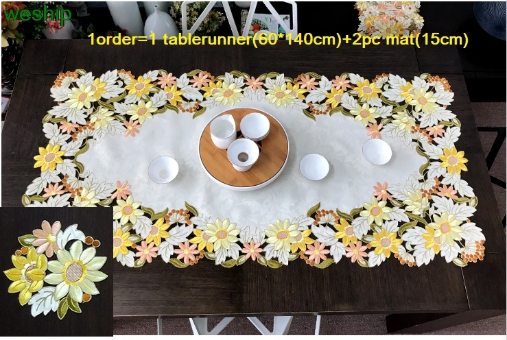 Золотистые Подсолнухи, Высококачественная Роскошная ткань с вышивкой, художественная скатерть для чайного стола, скатерть с флагом, коврик для стола, полотенце с защитой от пыли - Цвет: 1 runner and 2 mats