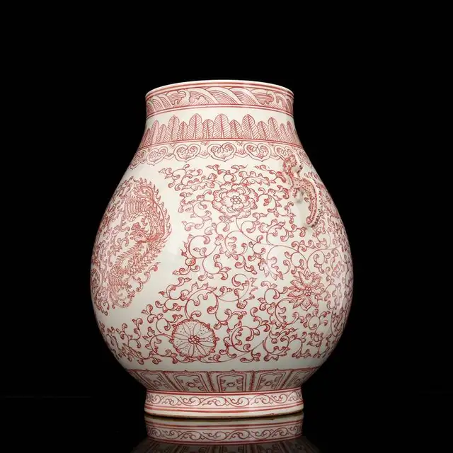 Ceramics Double Ears Ming Dynasty Handpainting Handmade Antique Vase With Underglaze Red Lotus Elegant and Beautiful Treasure 2