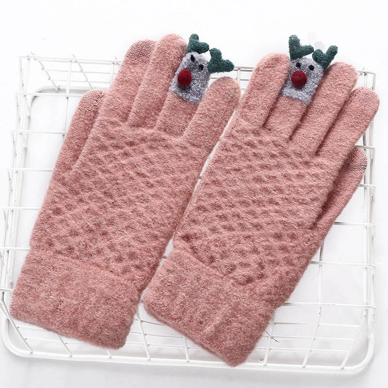 Женские модные зимние теплые милые Мультяшные вязаные перчатки для сенсорного экрана, женские мягкие Митенки на весь палец, черные перчатки 18F - Цвет: F Pink