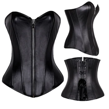

Steampunk Corsets Black Faux Leather Front Zipper Sexy Bone Gothic Overbust Lace Up Slimming Corset Bustier Top Shaper For Women