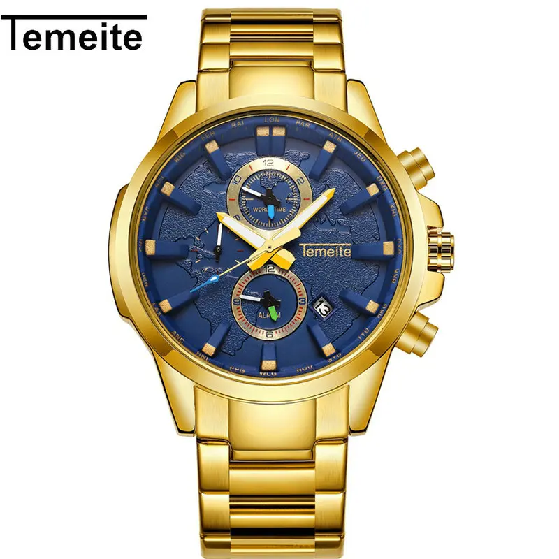 

TEMEITE Top Brand Luxury Golden Big Watch Men Quartz Clock Marine 3 Sub-dials 6 Hands Date Fashion Oversize Steel Wrist Watches
