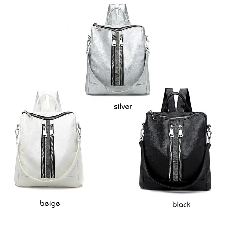 Женский рюкзак на молнии, серебристый, новинка, женский рюкзак для путешествий, в полоску, маленькие рюкзаки из искусственной кожи, водонепроницаемые сумки, роскошная сумка на плечо