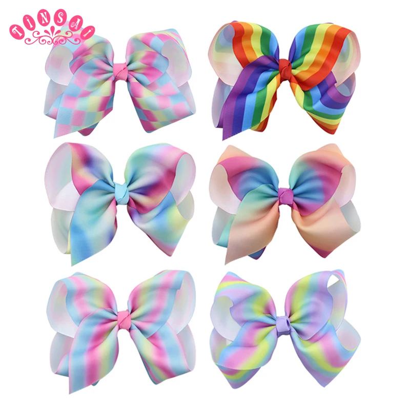 

TINSAI 6Pcs/lot 8'' Girl Big Bow Hairpin Rainbow Lattice Gradual Change Printed Hair Clips Handmade Ribbon Bowknot Accessories
