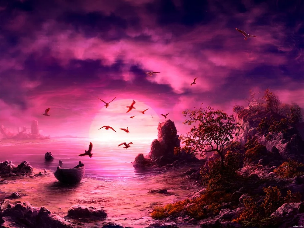 

Boat Sunset Birds Sky Rendering Art Huge Canvas Print Poster TXHOME D2993