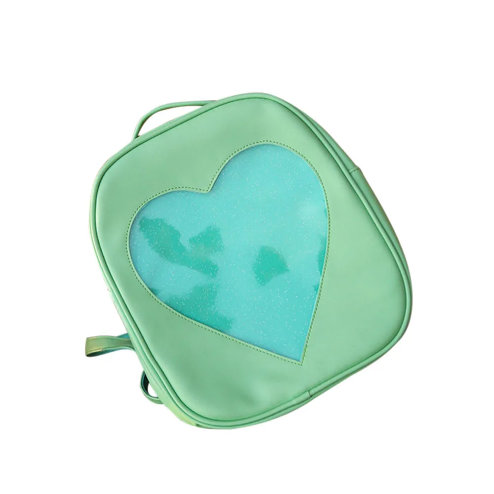 Candy Color PU Leather Ita Bag DIY Transparent Love Heart Shape Backpack Kawaii Harajuku Schoolbags For Teenage Girls#L10 - Цвет: Зеленый