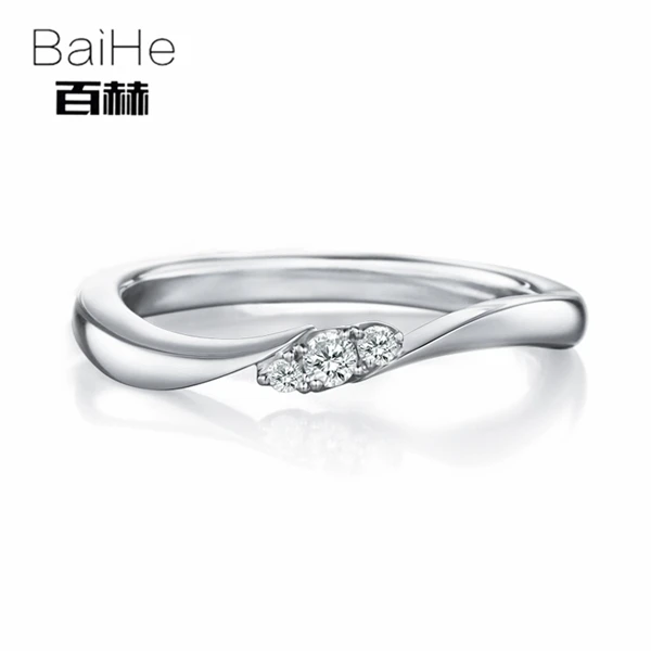 BAIHE Solid 18 К белого золота 0.08ct Certified H/SI круглый 100% из натуральной бриллиантами обручение для женщин классический тонкой Пару Кольцо