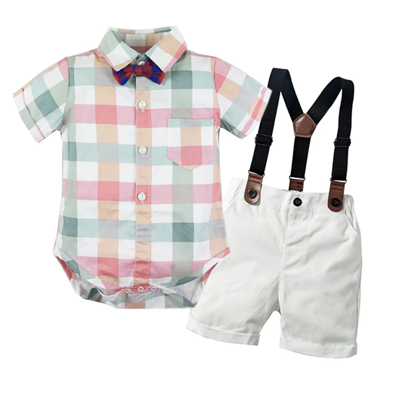 

Baby Boy Clothes 2019 New Arrived Plaid Short Sleeve Romper Suit Newborn Clothing Set Clothes for Boy White Shorts