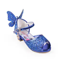2019 новые летние сандалии для девочек большие размеры блестки бабочка корейских детей Обувь на высоком каблуке маленьких босоножки для