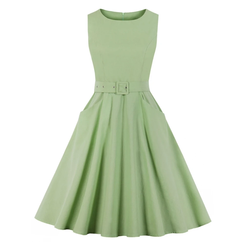 

Women Light Green Pleated Plain Vintage Dress 2019 Sexy O Neck Party Dress Elegant Retro Summer Cotton Dresses Midi Vestidos