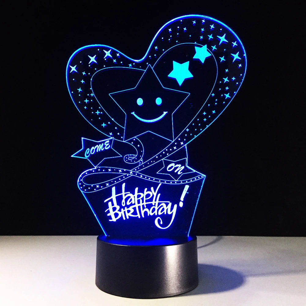 

7 Color Visual Lighting HAPPY BIRTHDAY 3D LED Night Light USB Desk Lamp Mood Atmosphere Decor Love Stars Shape Kid Birthday Gift