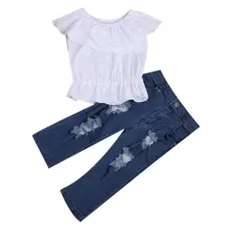 Детская одежда из 2 предметов для маленьких девочек летние топы без рукавов, футболка + джинсовые штаны комплект одежды для девочек