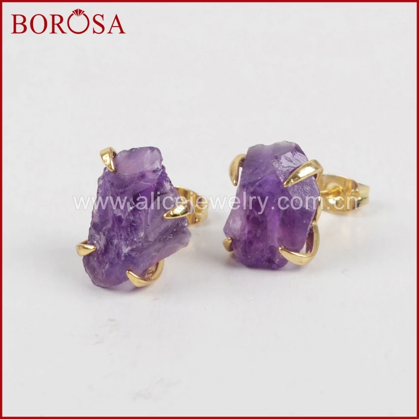 Серьги borosa золотистого цвета, грубые друза аметиста, серьги-гвоздики с кристаллами, женские драгоценные камни, ювелирные изделия ZG0134