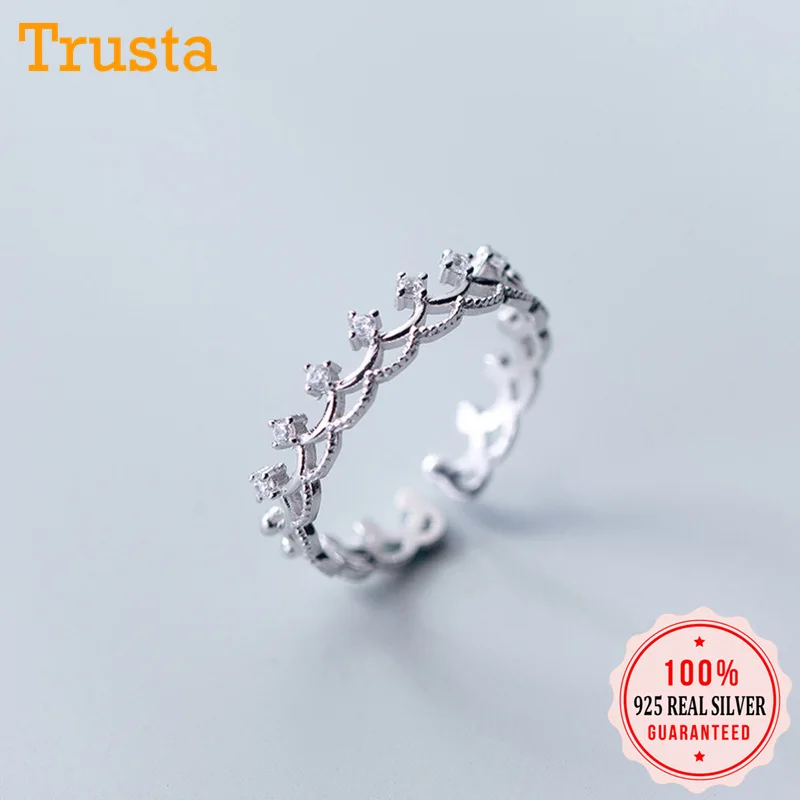 

Trusta 100% 925 Solid Real Sterling Silver High Quality Crown CZ Opening Ring 5 6 7 For Women Girl Wife Birthday Present DS1203