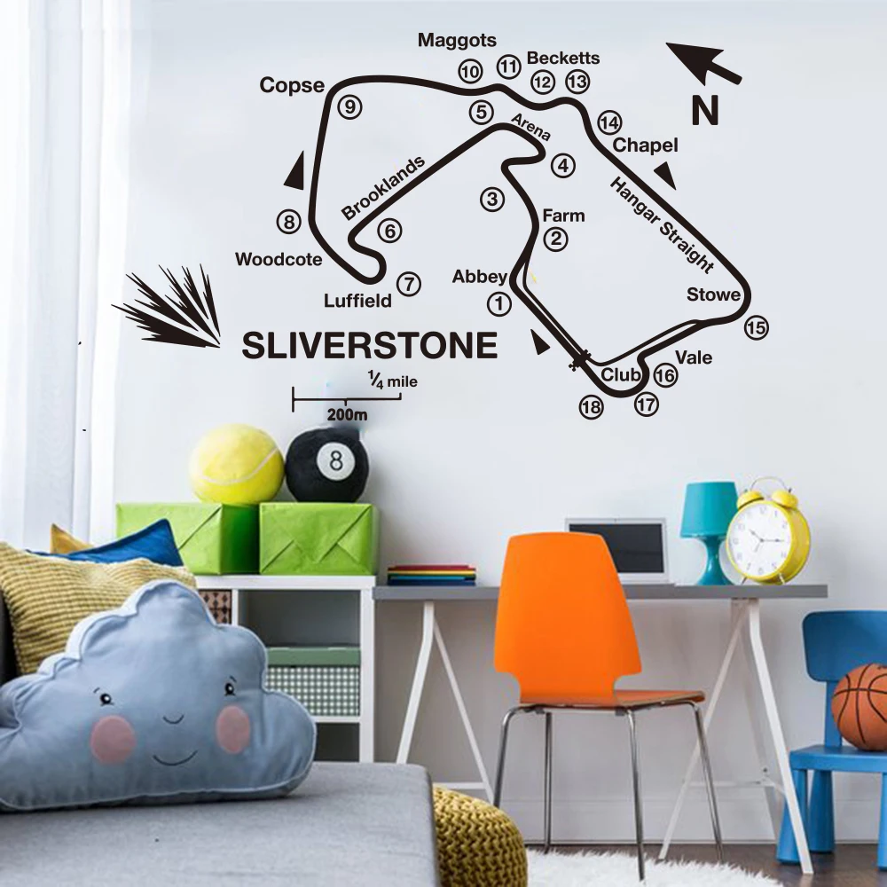 Silverstone гоночная дорожка карта F1 MOTO GP Наклейка на стену спальная; игровая гоночная мотоциклетная Настенная Наклейка для мальчика виниловый Декор