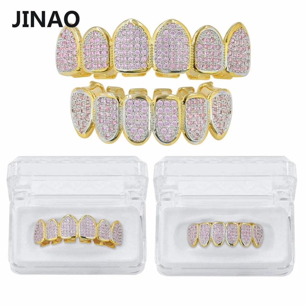 JINAO хип хоп золотые зубы Grilllz все Iced Out Micro Pave розовый CZ камни женская верхняя и нижняя грили набор