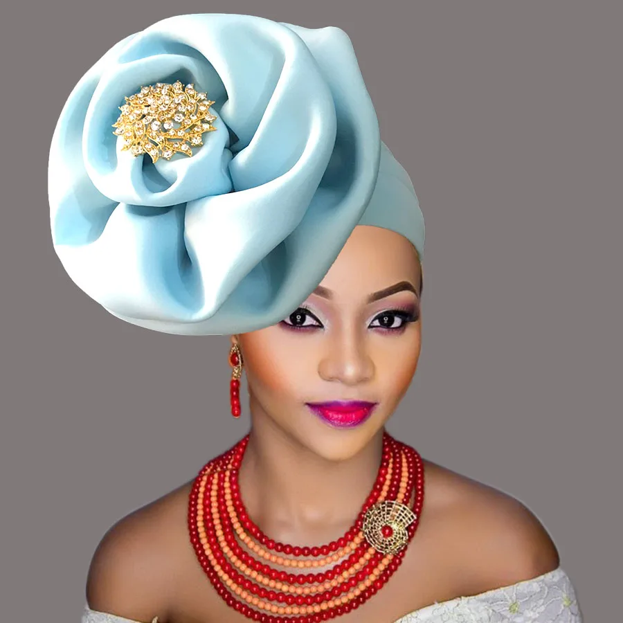 Африканский головной убор тюрбан шапка для женщин нигерийский Авто геле кепки Различные цвета доступны - Цвет: sky blue-xiaomaowuzi