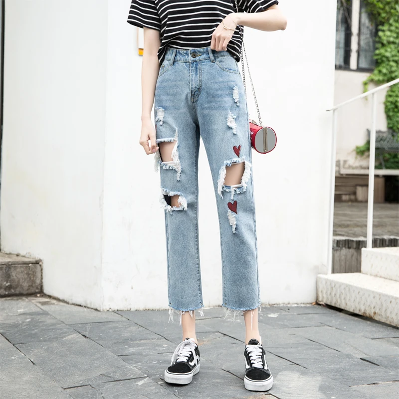 

Brand Pants 2019 Hole Pattern Bleached Scratched Vintage Jeans Women Streetwear Women Sexy Pant High Waist Jeans Sweet Student