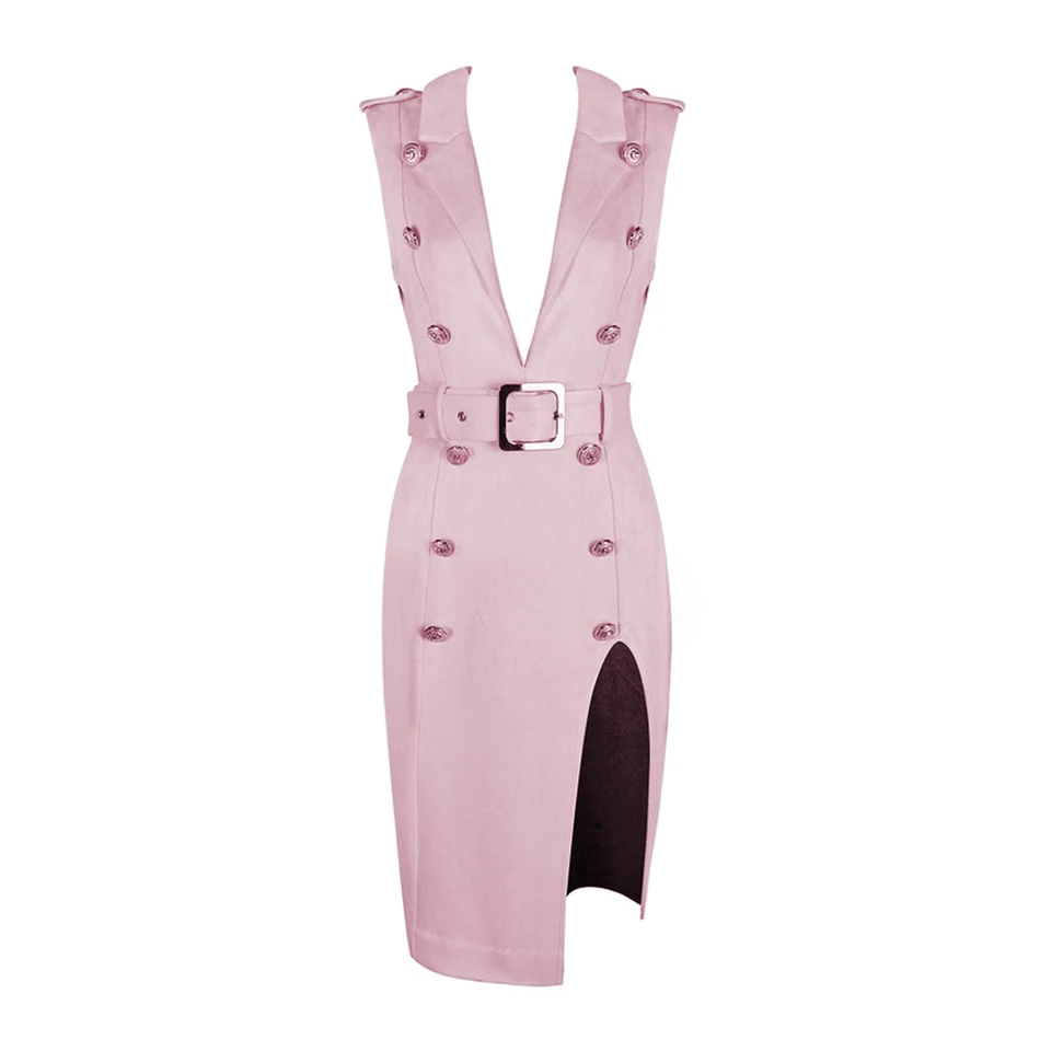 

Pink Cheap Plunge Neckline Button Velvet Dress High Split Plunging Neck Deep V Sexy Women Outfits Belt Sashes Party Vestidos