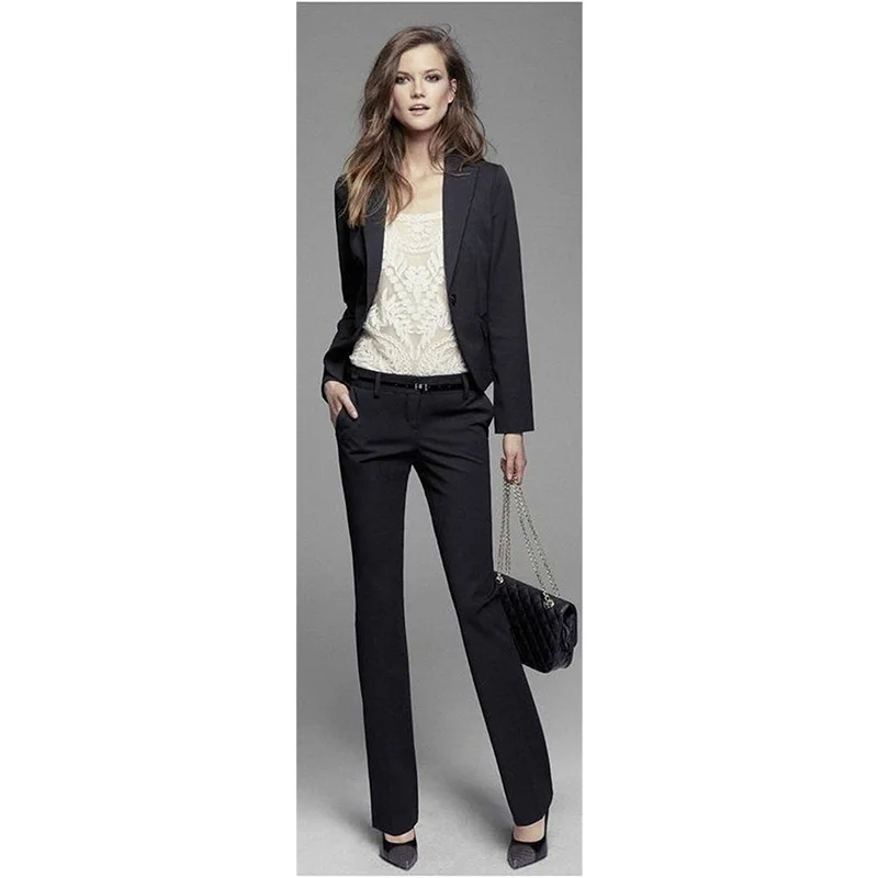 180 Jacket+Pants Womens Business Suit Black Long Sleeves Slim Female Office Uniform Ladies Formal Trouser 2 Piece Blazer Custom