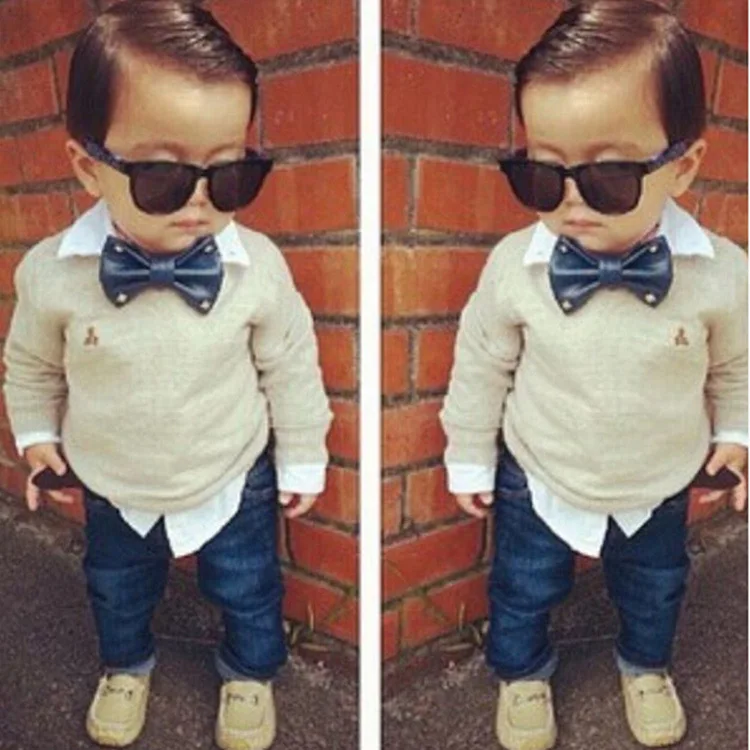 

Free shipping new spring/autumn long-sleeved shirt with bow tie+long jeans trousers two-pieces gentlemen set for boys