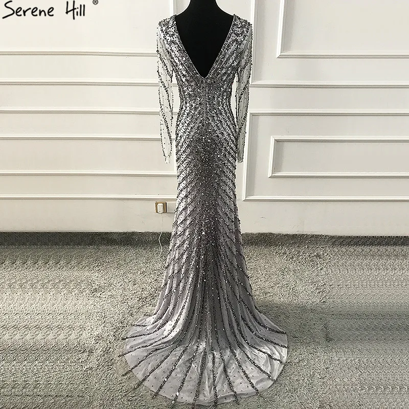 Дубай роскошное серое тонкое вечернее платье русалки с длинным рукавом расшитое бисером и блестками сексуальное вечернее платье Serene Хилл LA60974