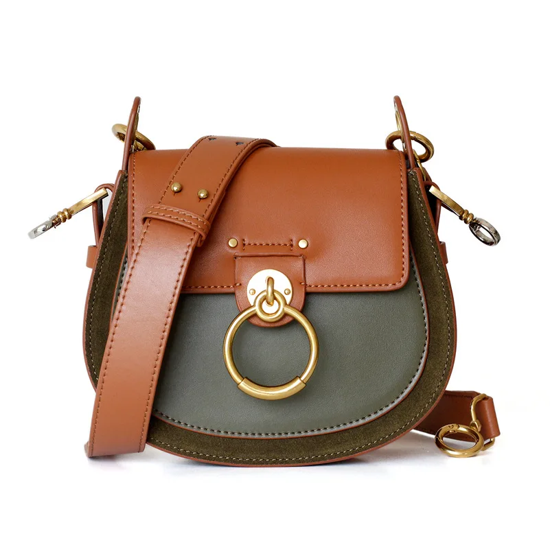

Women's leather magnetic buckle saddle bag Contrast color retro wide shoulder strap messenger bag