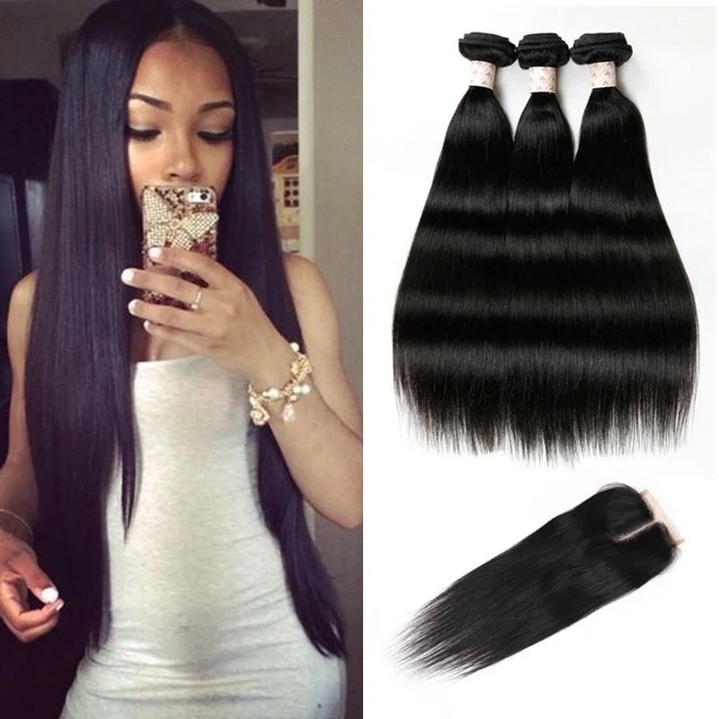 8A Malaysian Straight Hair With Closure 3 Bundles With Closures Cheap Human Hair With Closure Piece Straight HC Hair Weave