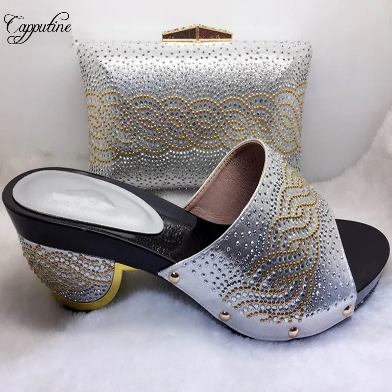 

Elegant slip on African high heel sandal shoes and handbag set with rhinestones for wedding/party 118-2