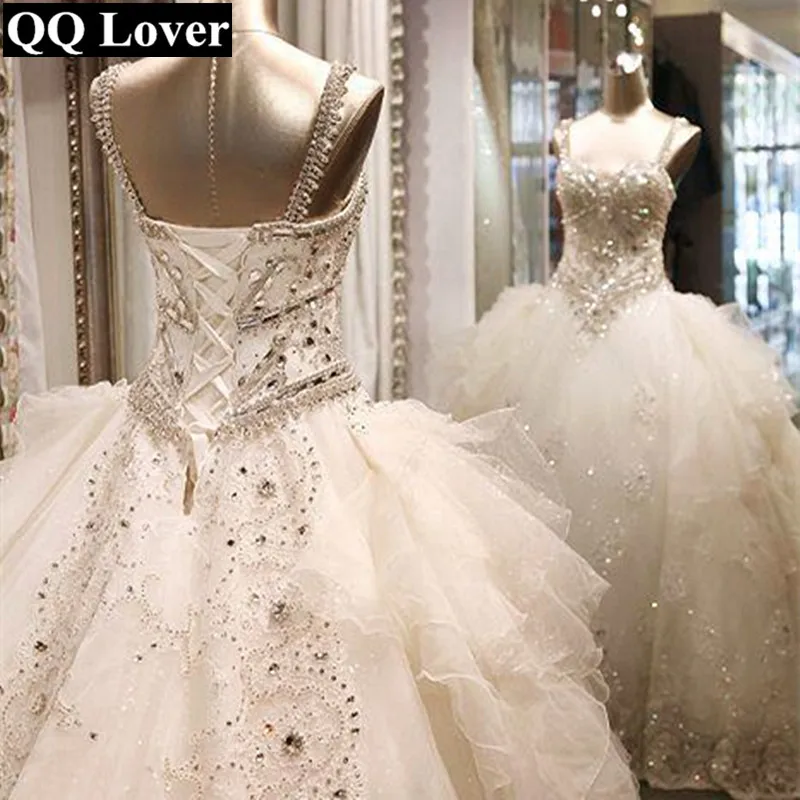 QQ Lover 2018 New Arrival Luxury Crystals Beaded Spaghetti Straps Big Train Lace font b Wedding