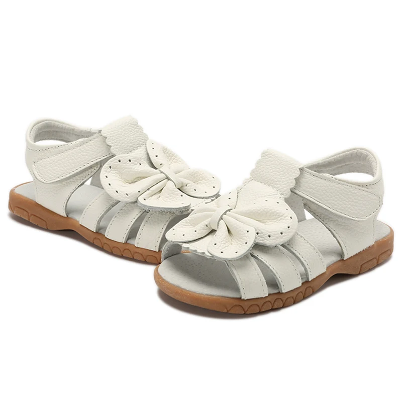 New Summer Children Sandals for Girls Genuine Leather Bowtie Princess Shoes Kids Beach Sandals Baby Toddler Shoes White