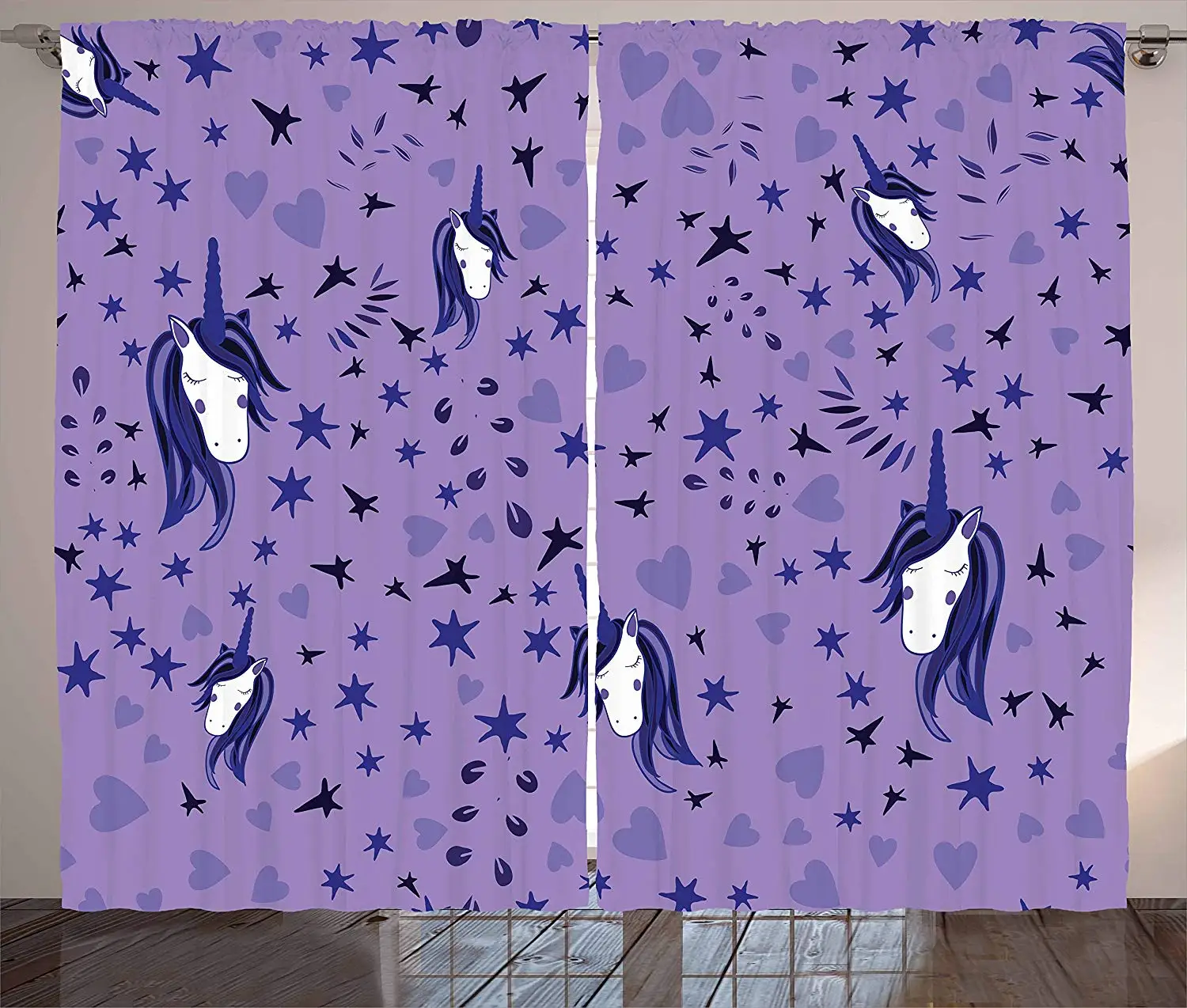 

Unicorn Party Kitchen Curtains Teenage Style Stars and Hearts Purple Toned Background Fairy Tale Window Drapes 2 Panel Set