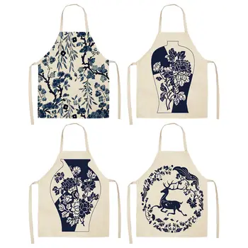 

1Pcs Blue and white porcelain Deer Pattern Kitchen Aprons Cotton Linen Unisex Party Cooking Bibs Cleaning Tools 53*65cm C1030
