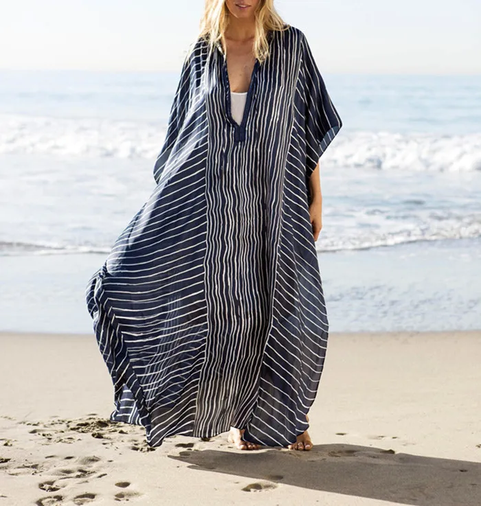2019 Plus Size Striped Summer Beachwear Chiffon Kaftan Beach Woman Tunic Bath Dress Robe plage Swim Wear Cover Up |