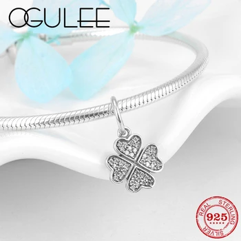 

925 Sterling Silver Lucky with Four-leaf clover CZ Heart petals Charm Pendant Beads fit Original Pandora Bracelet Jewelry making