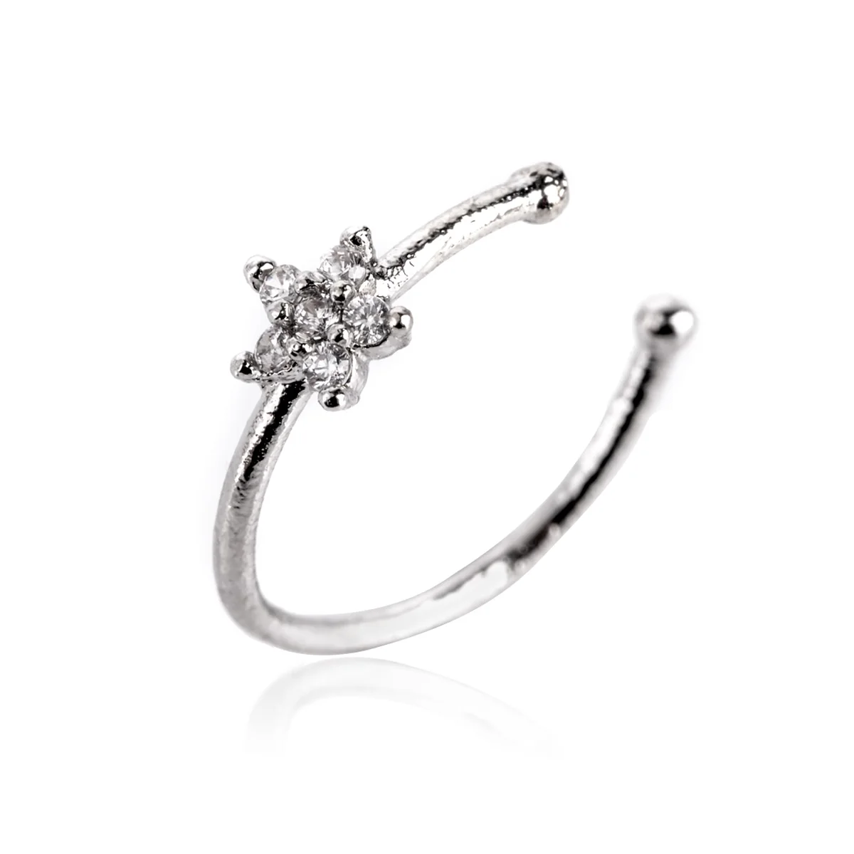 Small Thin 5 Clear Crystals Flower charm Nose Silver Hoop Stud Ring jewelry