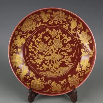 

Antique MingDynasty(YongLe)porcelain plate,red glaze,gilt lotus,Hand-painted crafts,Collection&Adornment,Free shipping