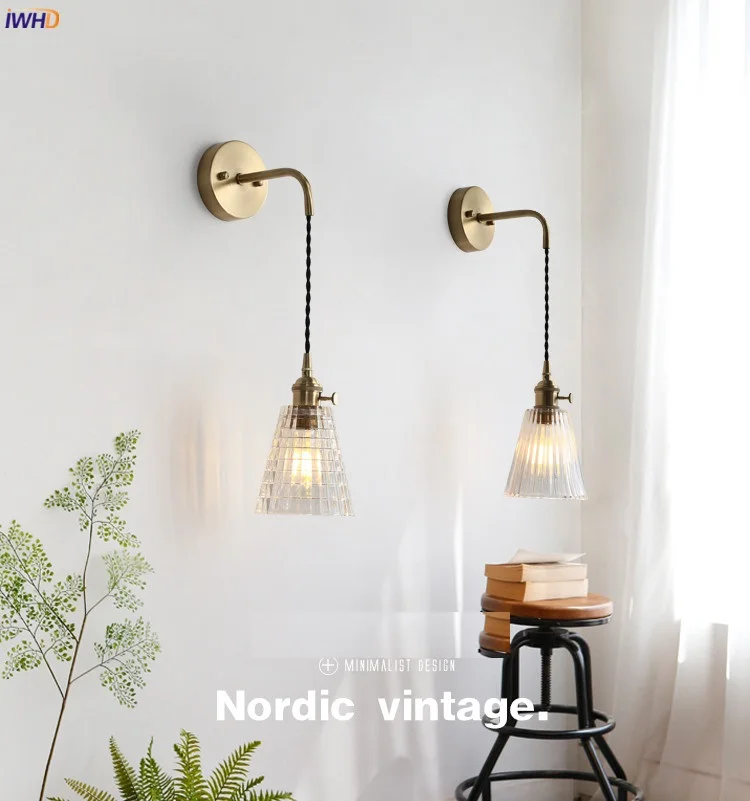 Luminárias para Casa Iluminação de Parede Lâmpada de Parede do Banheiro Espelho de Luz da Escada de Vidro Iwhd Nórdico Japão Retro Luzes Quarto Cobre Wandlamp 7 Casa Quarto Iluminação de Parede Lâmpada de