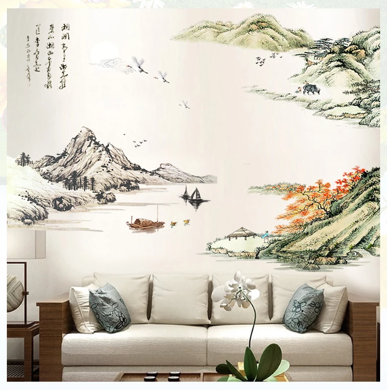 Китайский стиль, большой стикер на стены с пейзажем, винтажный домашний декор, для офиса, для учебы, для гостиной, стикер на стену, s наклейки на стены, ВИНТАЖНЫЙ ПЛАКАТ, искусство