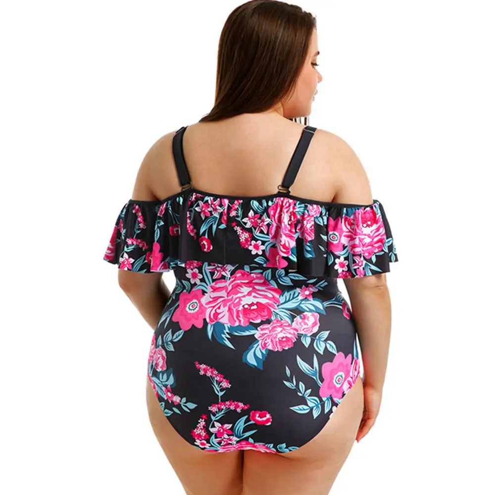 Floral one piece swimsuit plus size off shoulder swimwear ruffle maillot large sizes swimwear one piece ruffled swimsuits