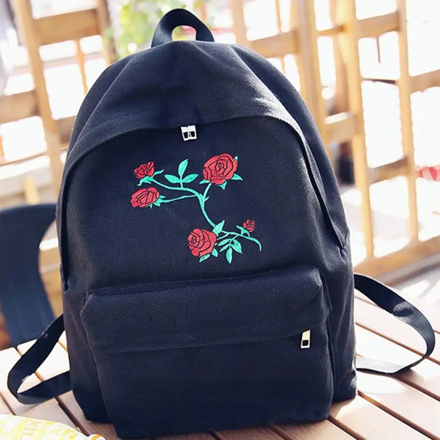 Women Bagpack Canvas Embroidery Flowers Black Rose Pattern Floral