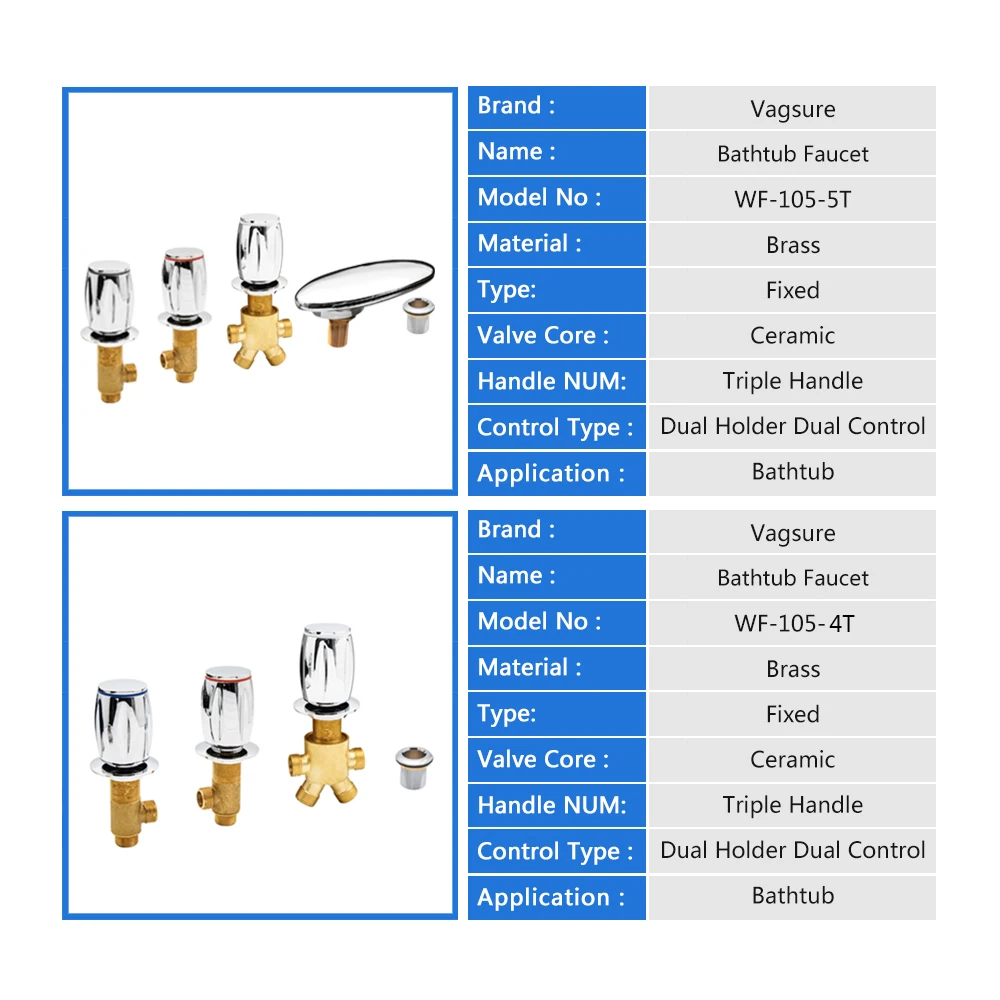 Кран для ванны Vagsure с тройной ручкой, латунный клапан управления, кран для холодной и горячей воды, смеситель для душа, смеситель для ванной комнаты